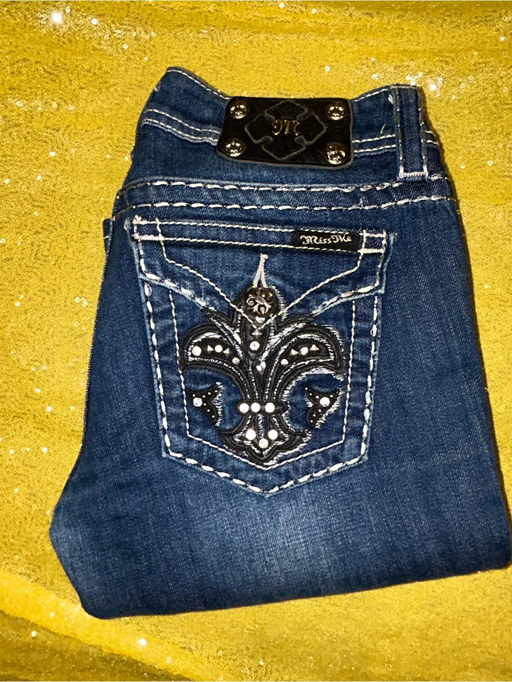 Miss Me Indigo Skinny Jeans with Black Embellished Fleur-de-Lis